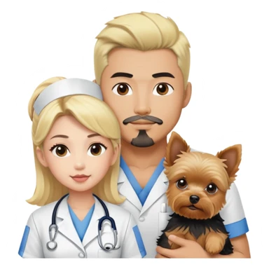Blonde nurse next to black haired Korean Asian handsome muscular man.  black pointy hair full goatee.   Holding one blonde yorkie.  sticker