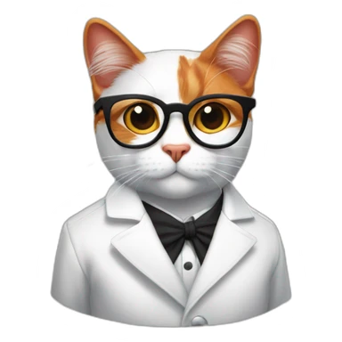 Red cat in a white coat with a feather behind his ear and full-length black glasses sticker