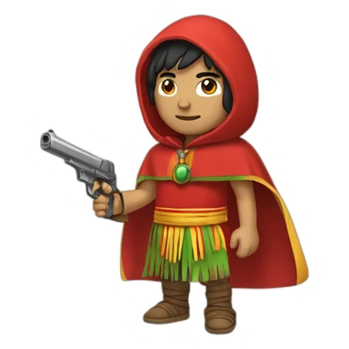 An Inca man, neck-length black hair, wearing a red headband and wearing a red poncho (with yellow, green and red lines) and holding a pistol sticker