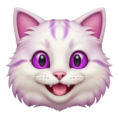 White cat wide mouth happy smiling with teeth showing, very light pink inner ears, magenta purple eyes, looks like discord's :smiley_cat: emoji, male looking sticker