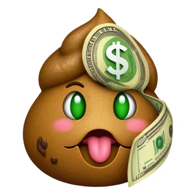 Poop emoji with dollar sign eyes, sticking out its green tongue with a money logo also on it sticker