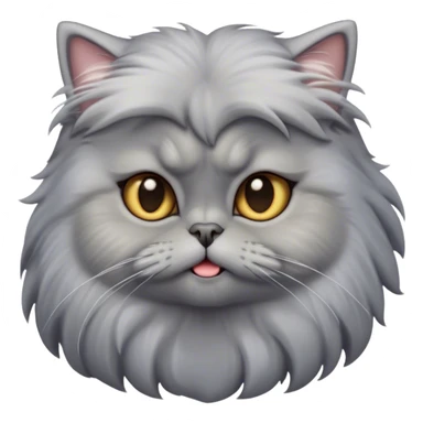 Cinematic Derpy Grey Persian Cat Portrait Emoji, Head tilted playfully with an adorably awkward expression, fluffy grey fur with soft silver undertones, Simplified yet hilariously derpy features, highly detailed, glowing with a warm but slightly confused glow, high shine, a mix of lazy and clueless, stylized with a touch of whimsy, bright but with a completely derpy and grumpy face, soft glowing outline, capturing the essence of a quirky yet chubby, grumpy kitty, so endearing it feels like it could stretch out of the screen and demand attention with its wonderfully derpy charm! sticker