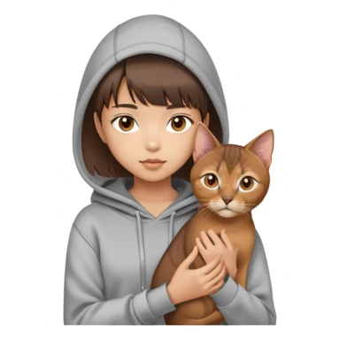 a asian girl with short brown hair and bangs holding an Abyssinian cat， wearing grey hoodie sticker