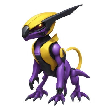 a shiny black-purple-yellow Genesect-Raptor-Fakémon—hybrid with a futuristic visor-helmet full bod sticker