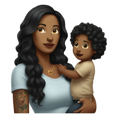 White mom with tattoos on arm with long black hair holding a baby boy with dark brown curly hair  sticker