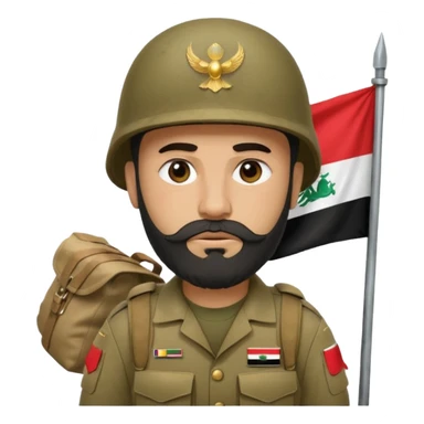 A tired, swarthy Iraqi soldier with a beard, an Iraqi flag on his helmet, a sad expression and bags under his eyes sticker