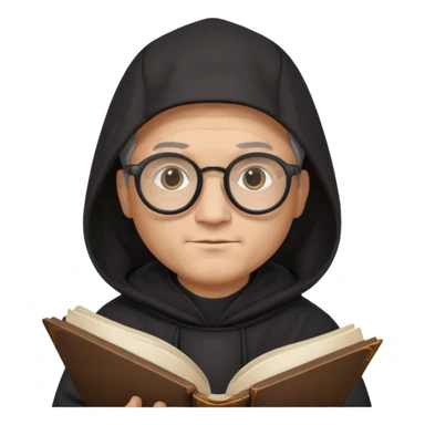 Monk priest prayer black habit with hood round black glasses done light brown wavy hair under hood remove the medallion smaller more round glassed age 46 no necklace more oval face hand holding book that says RB 480 top left is great add a little hair brown gray under hood  sticker