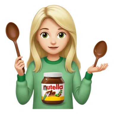 Blond woman with white and green pullover holds in one hand a big carriage of Nutella and in the other hand a oversized spoon which is inside the jar of Nutella. Her hair is long. And the Nutella jar is very big sticker