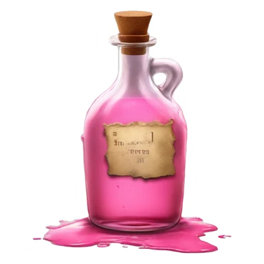 Mysterious Alchemical vintage glass potion bottle, exquisite bottle shape, old and shabby, with label, stylish and minimalistic, brown and pink, oil potion is poured out of the bottle, oil is spilled next to it sticker