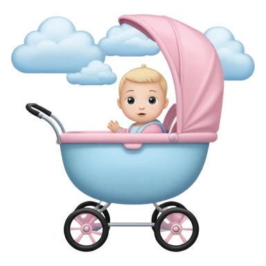 baby sitting in pink and beige stroller with pastel blue clouds around it sticker