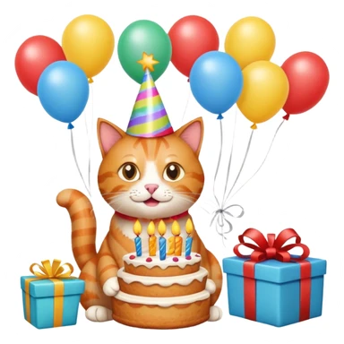 Ginger cat celebrates birthday, birthday hat, birthday cake, balloons, happy, gifts sticker