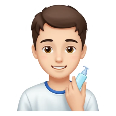 boy applying skincare in the morning, cheerful expression, simple background sticker