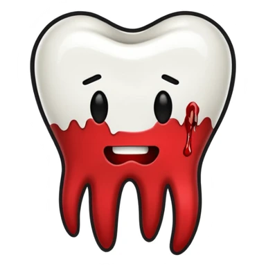 Minimalist emoji-style sticker of a pulled tooth with roots and a smear of blood at the base. Black and desaturated red colors. Flat, clean outline on white.
 sticker