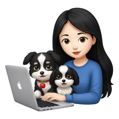 Asian girl with long black hair working on an Apple laptop, next to her is a small black and white dog sticker