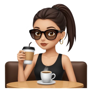 generate a pretty fair bratz girl with dark brown eyes, dark brown eyes tied into a slick back ponytail, thin brown sunglasses. Wearing a black cami top and drinking coffee sticker