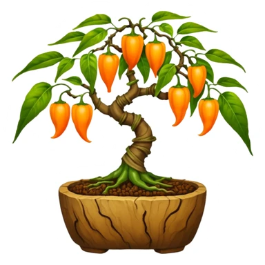Very Large decorative gnarled bonsai pepper plant with fourty minuscule round orange-yellow wild peppers on it  sticker