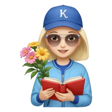 ["A happy girl with light skin, bald, wearing a baseball cap and sunglasses, dressed in K-pop fashion, is reading a book while holding a flower bouquet."] sticker