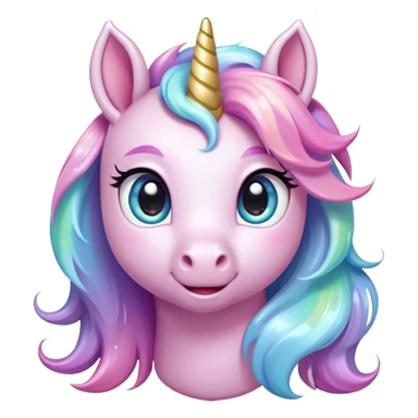 Cinematic pastel-colored unicorn, flowing iridescent mane, big sparkling eyes, tiny rounded hooves, soft chubby cheeks, delicate magical glow surrounding, enchanting and dreamy. sticker