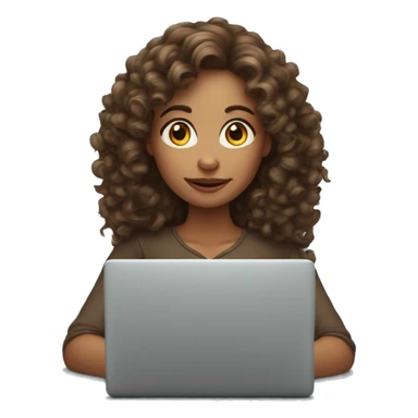 The woman with fair skin, curly long brown hair sit with laptop apple sticker