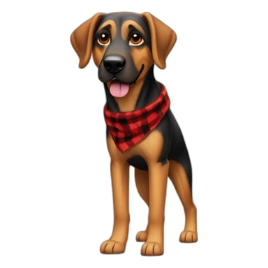 adult 75% Coonhound 25% German Shepherd mix dog with visible tail wearing small pointed red buffalo plaid bandana full body walking left quickly sticker