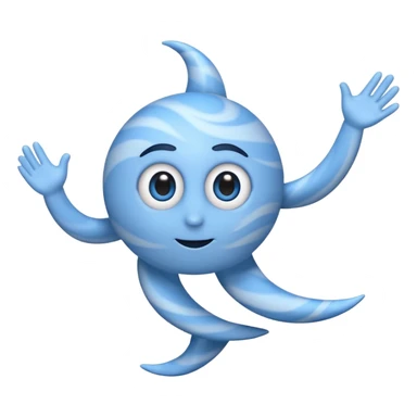 mascot-style cyclone emoji, blue swirl with large expressive cartoon eyes at top, thin black arms and legs sticking out, fun lively pose, clean emoji look, simple shading sticker