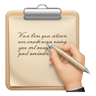 The hand writes with a beige pen sticker