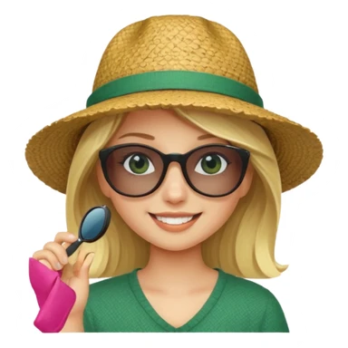 blonde girl in dark green straw hat adjusting sunglasses sticker