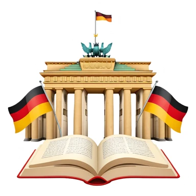 An icon featuring the Brandenburg Gate and the big flag of Germany, symbolizing the German language. The design includes an open book with German text representing language learning and German culture. Transparent background highlights the essence of German heritage. sticker