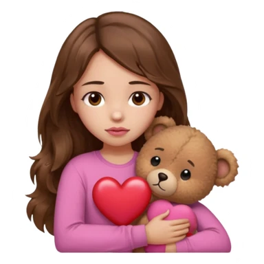 girl with long wavy brown hair, brown eyes, light to medium complexion, in a pink shirt, pink lips, long lashes, sad, hugging a teddy bear with a  heart sticker