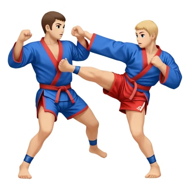 An icon symbolizing Sambo, featuring two fighters in blue and red kimonos with shorts and wrestling shoes. One executes a powerful throw, while the other attempts a defensive grab. The fighters are engaged in a grapple, using joint locks and sweeps.  sticker