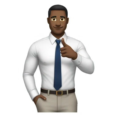 A modern man white shirt and  navy blue tie showing one finger  sticker