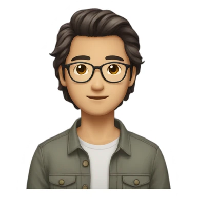 young vietnamese guy brown mid long hair with parting mid long in the middle turtletoise glasses and a beard and light brown skin with beard sticker