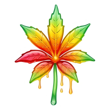 generate an emoji-style image of a juicy gummy shaped like a marijuana flower, make it colorful and with liquid dripping out sticker