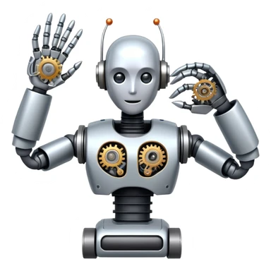 An icon featuring a humanoid robot assembling parts with mechanical arms, a circuit board in its chest, and a conveyor belt in the background. The design includes gears, sensors, and a robotic claw, symbolizing robotics innovation and automation. Transparent background sticker
