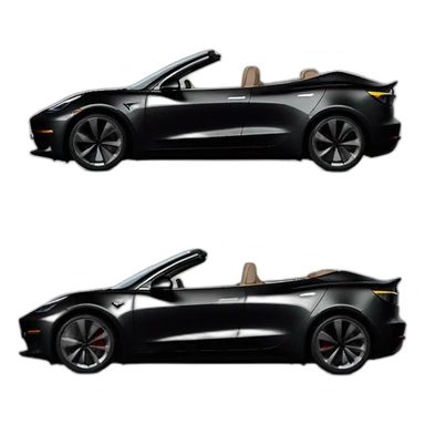 Hyper realistic, open top, black, 2023 Tesla Model 3, black upholstery, side view sticker