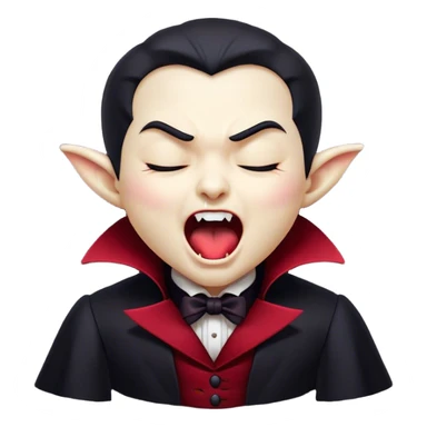 Cinematic Cute Yawning Vampire Portrait Emoji, with a small, rounded, charming pale face accented with tiny playful fangs and droopy, half-closed eyes, head tilted in an adorable wide yawn, dressed in miniature elegant dark attire with a hint of crimson, simplified yet irresistibly endearing, highly detailed with a soft, mysterious glow and gentle outline that captures the cute, drowsy side of an immortal! sticker