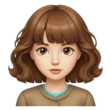 Caucasian girl with brown blunt bangs and big wavy hair sticker