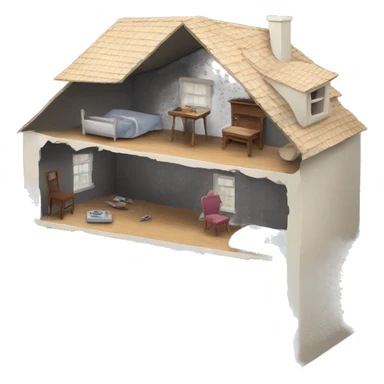 A broken-down dollhouse with a doll sitting inside, lifeless and blank-eyed sticker