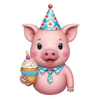Pig with aloha shirt, birthday hat, holding a cupcake sticker