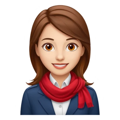 Female flight attendant, with red scarf, white shirt, long brown hair, brown eyes, iOS emoji-type face, fair skin,  sticker