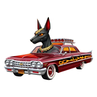 Satans Hot rod custom 1964 impala low rider four door Anubis theme painted hood flaming side-mounted chrome pipes driving straight to hell  sticker