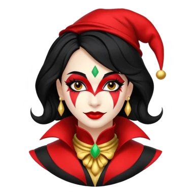 Jester woman, black and red suit, black hair, white and black make up sticker