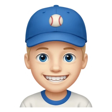smiling schoolboy with large front teeth and a baseball cap sticker