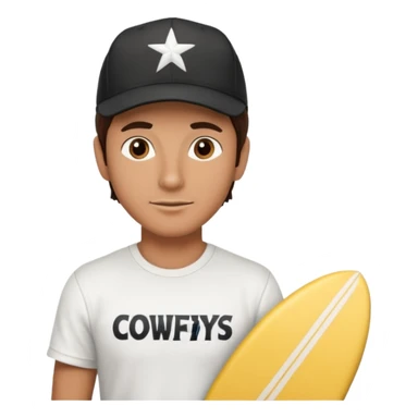 Male brunette movie producer black baseball hat that says surfing cowboys with white tshirt sticker