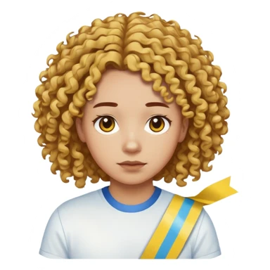Make me an emoji that has a guy with a white shirt and yellow tape around the shirt with brown and blue spots hair make the hair curly make the yellow tape go around it sticker