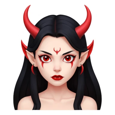 Head only demon girl, strong pronounced cheekbones, sharp angular jawline, skin fully pure red everywhere, long straight sleek black hair, small ho sticker