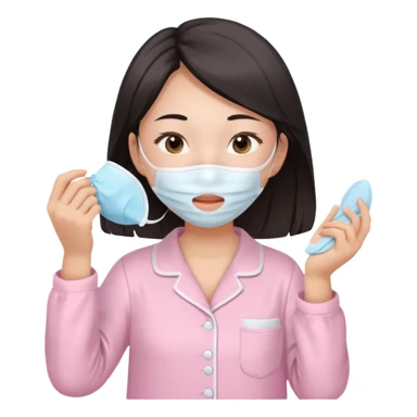 angelic asian girl doing skin care in baby pink pajamas, applying mask to her face sticker