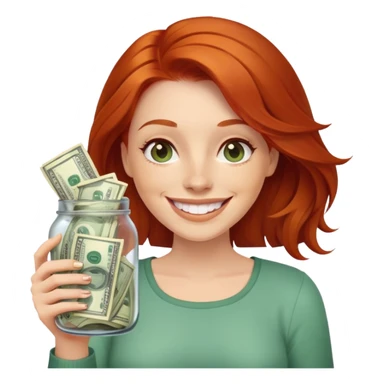 redhead woman with big smile holding glass jar with money bills inside sticker