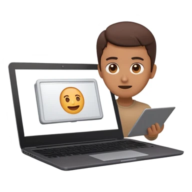A dark-colored laptop with the screen open. From the screen, a person is emerging, giving a lecture or teaching. The person should look expressive and in a teaching pose. Soft shadows, semi-3D emoji style, clean background. video course sticker