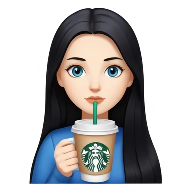 White girl with long straight black hair, blue eyes, drinking Starbucks coffee sticker